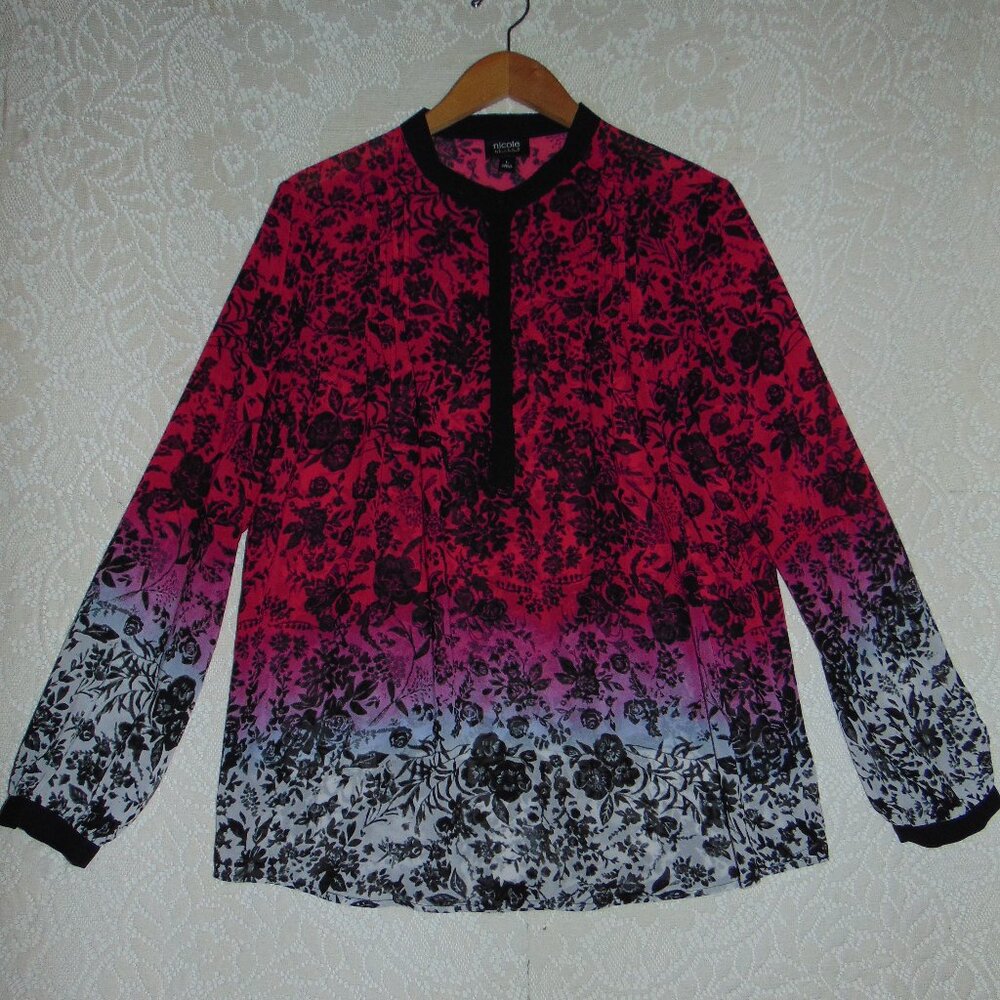 Nicole by Nicole Miller Ombre Pink Sheer Black Floral Button Up Collar Blouse L